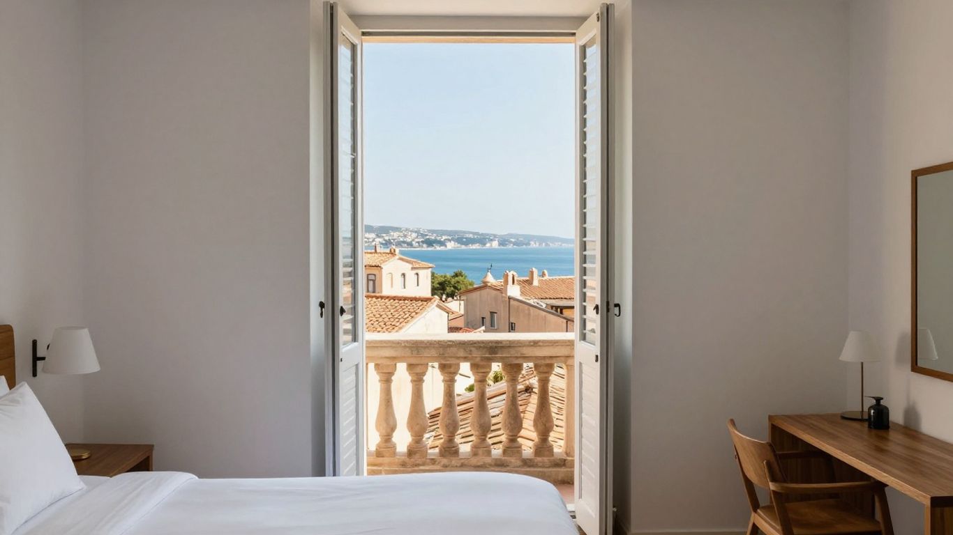 Chambre d’hôtel lumineuse avec vue sur Marseille