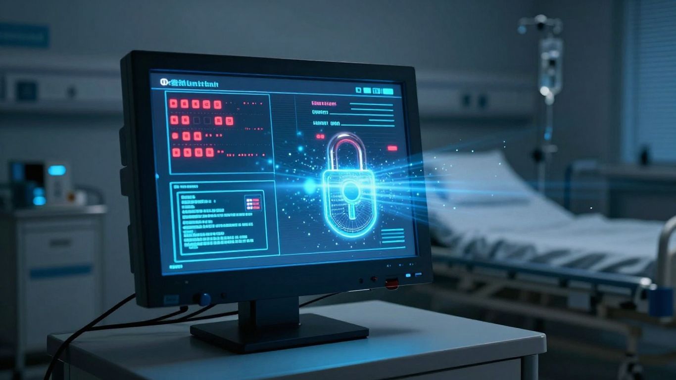 A glowing computer screen depicting a digital healthcare data breach.