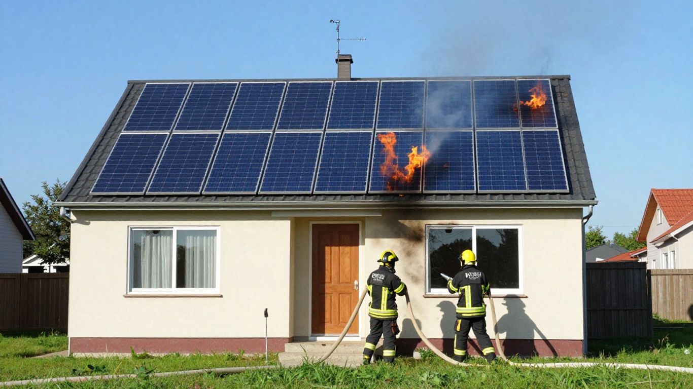 Solar panel fire on a house roof.
