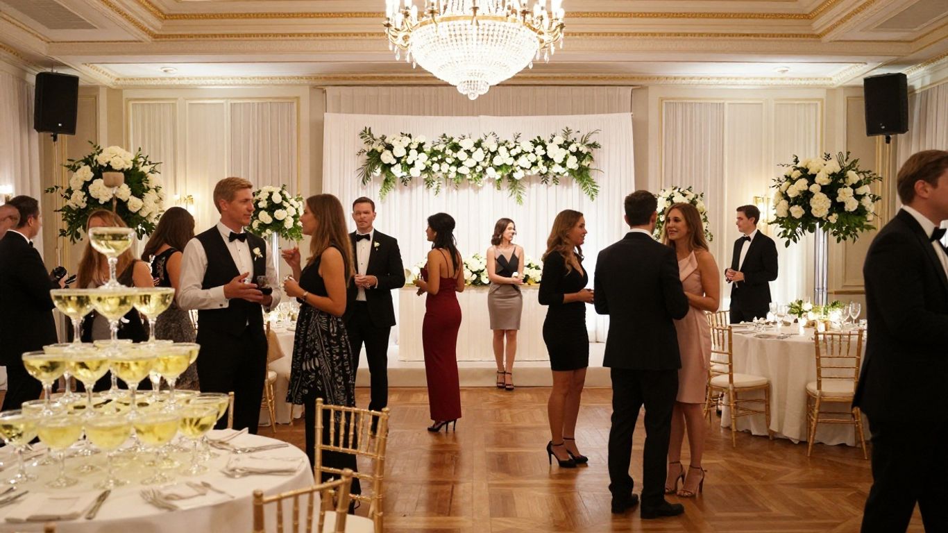Elegant Dallas ballroom with champagne tower and floral decor.