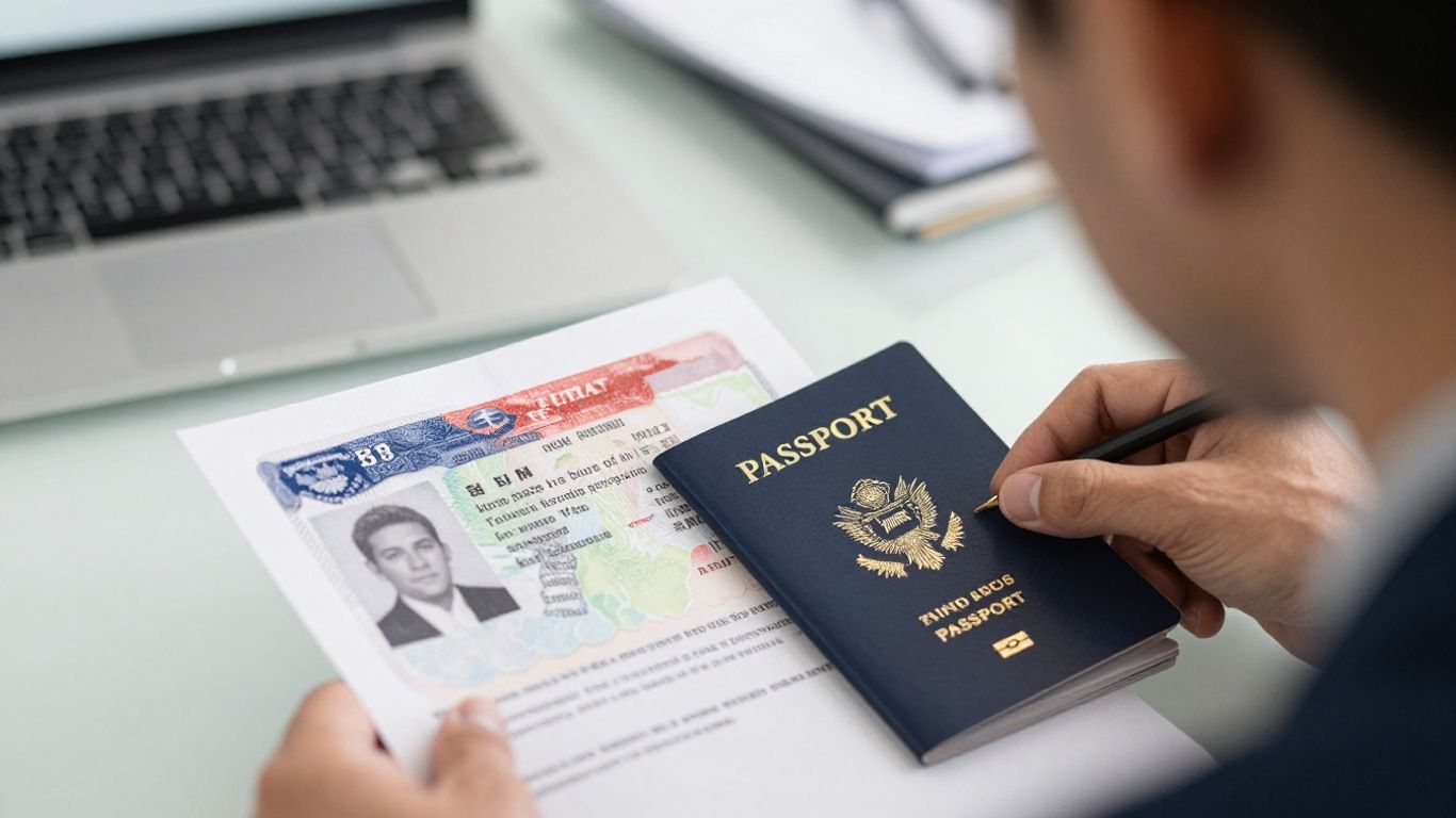 US work visa application documents and passport.