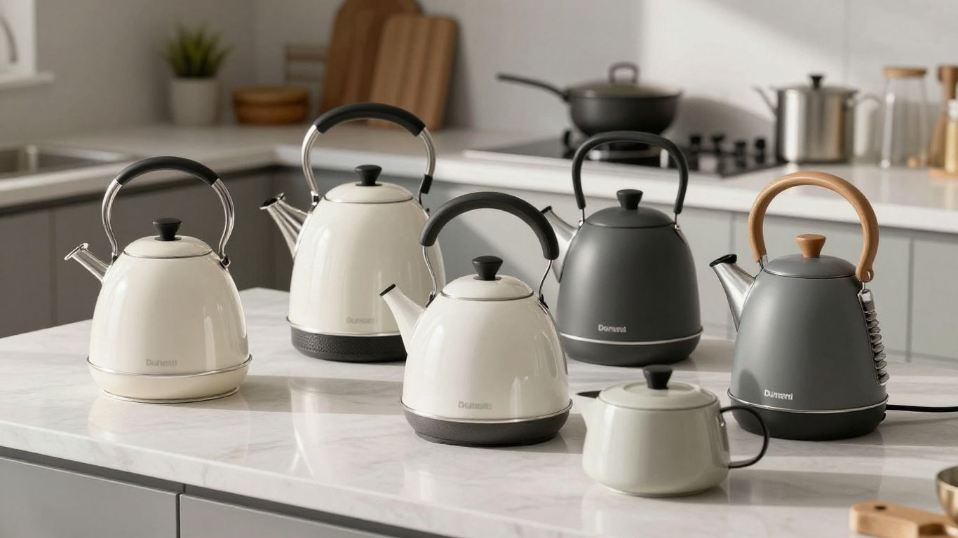 Stylish Dunelm kettles on a kitchen counter.