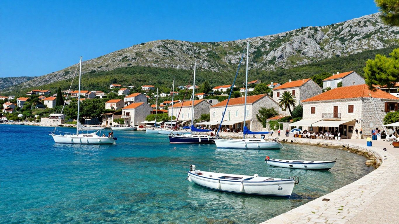 Rogoznica, Croatia harbor with sailboats and clear turquoise water.
