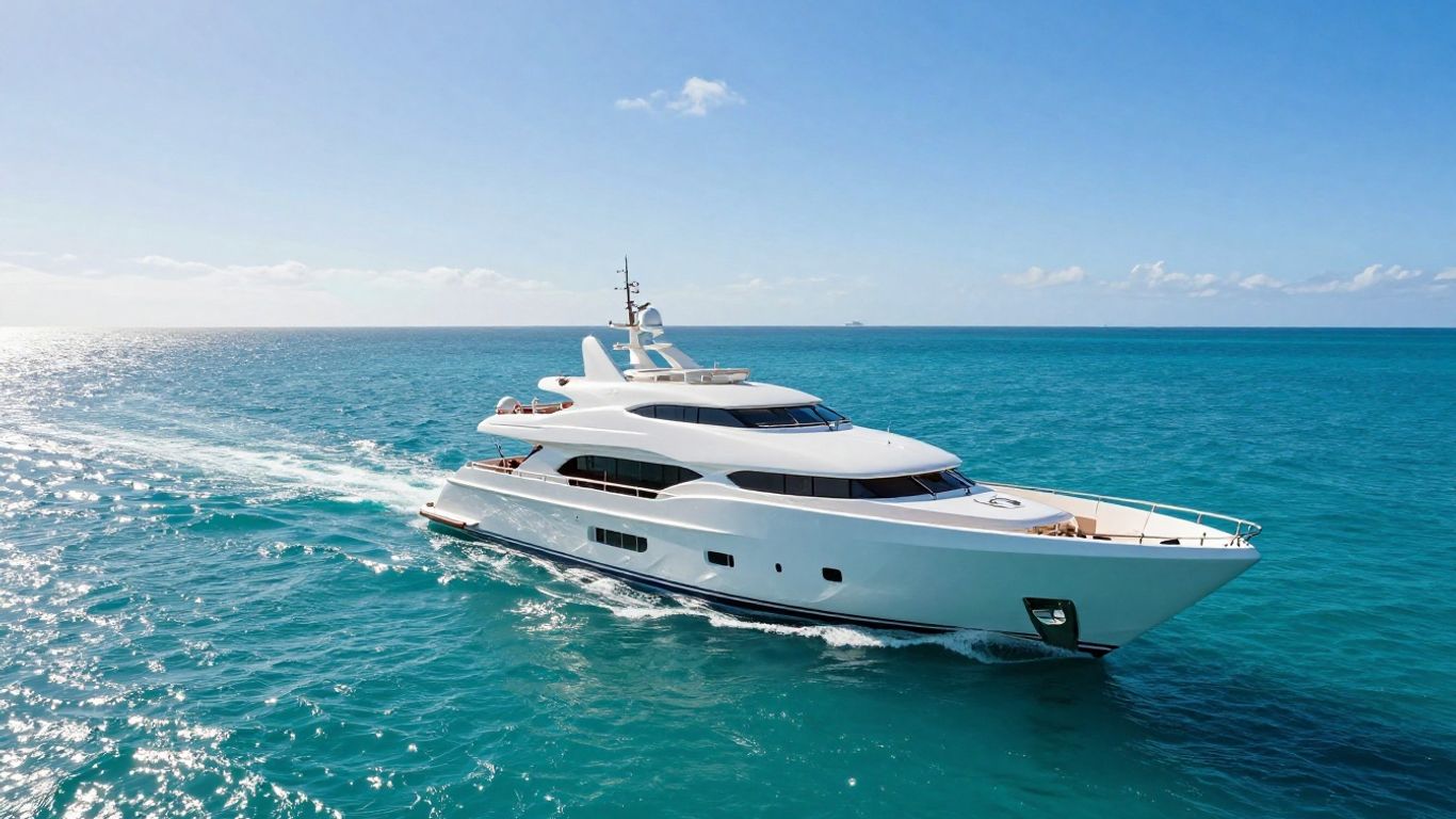 Luxury yacht sailing on a clear blue ocean.