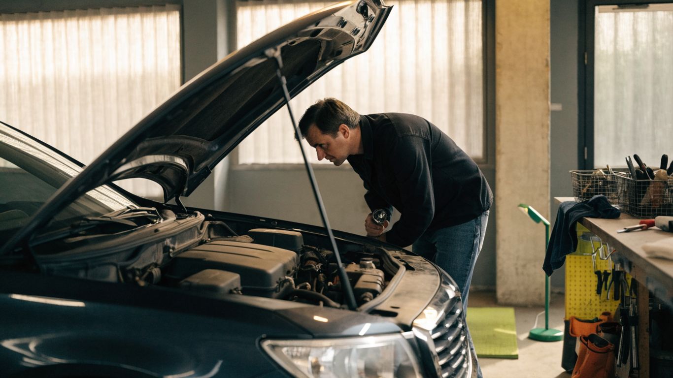 Technician inspecting a vehicle during scheduled maintenance