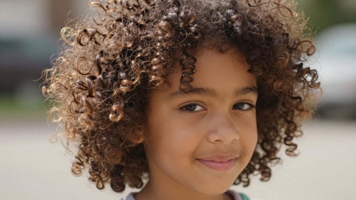 Child with healthy, shiny mixed-race curly hair.