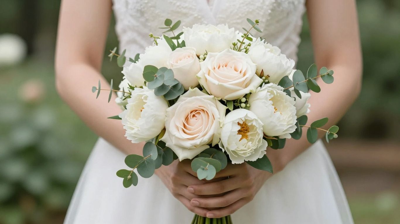 Bride holding a romantic wedding flower bouquet.