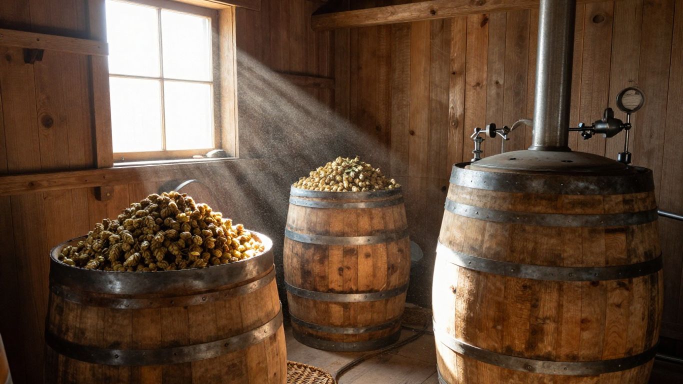 Interior of Bendorf Brewery with barrels and brewing equipment.