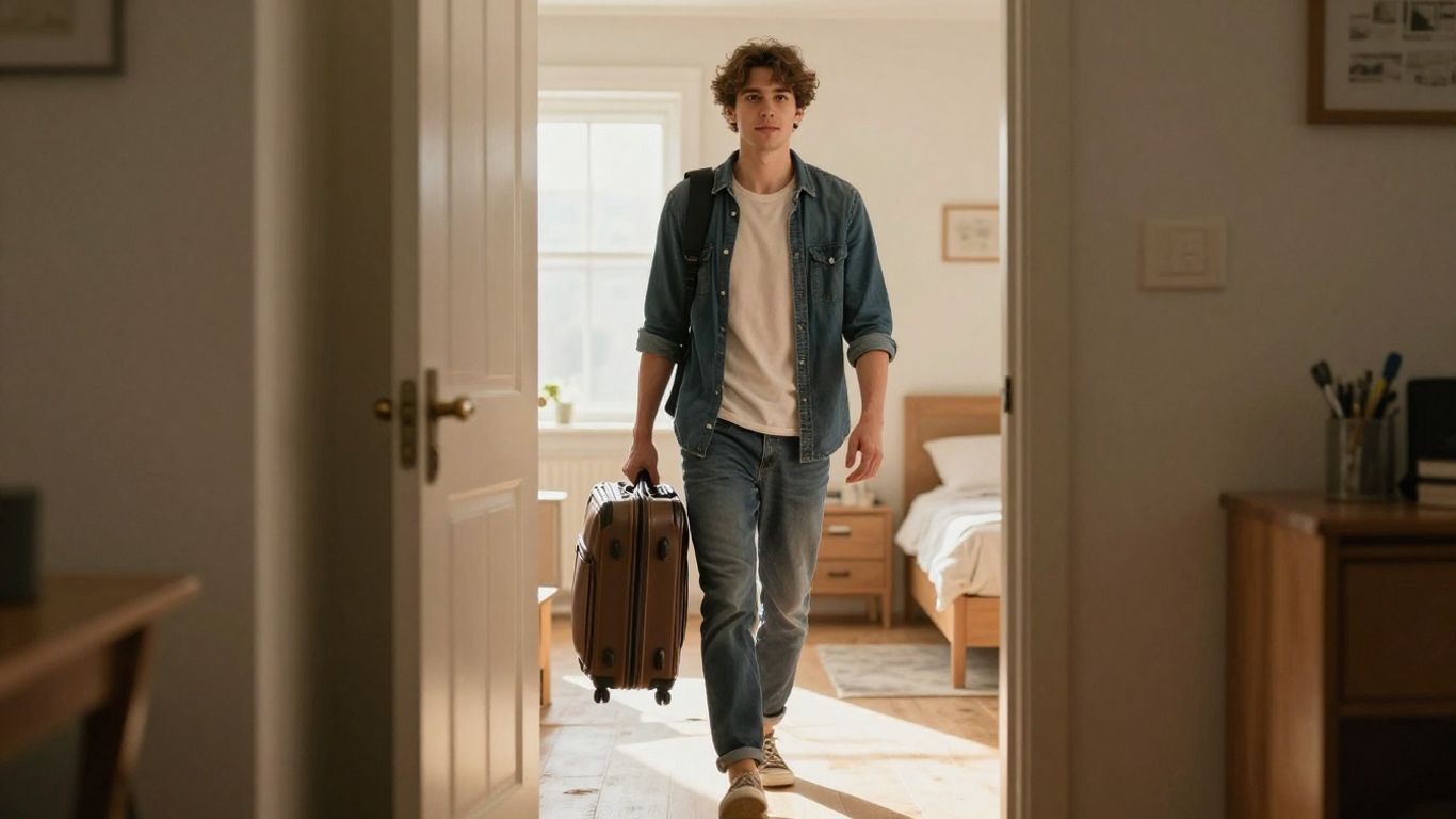 Young person with suitcase stepping into a new home.