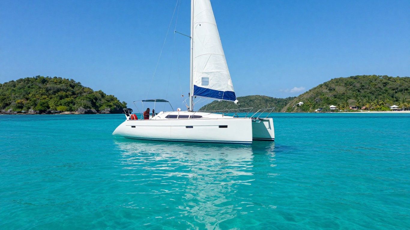 Sailboat on turquoise water near Belize islands.