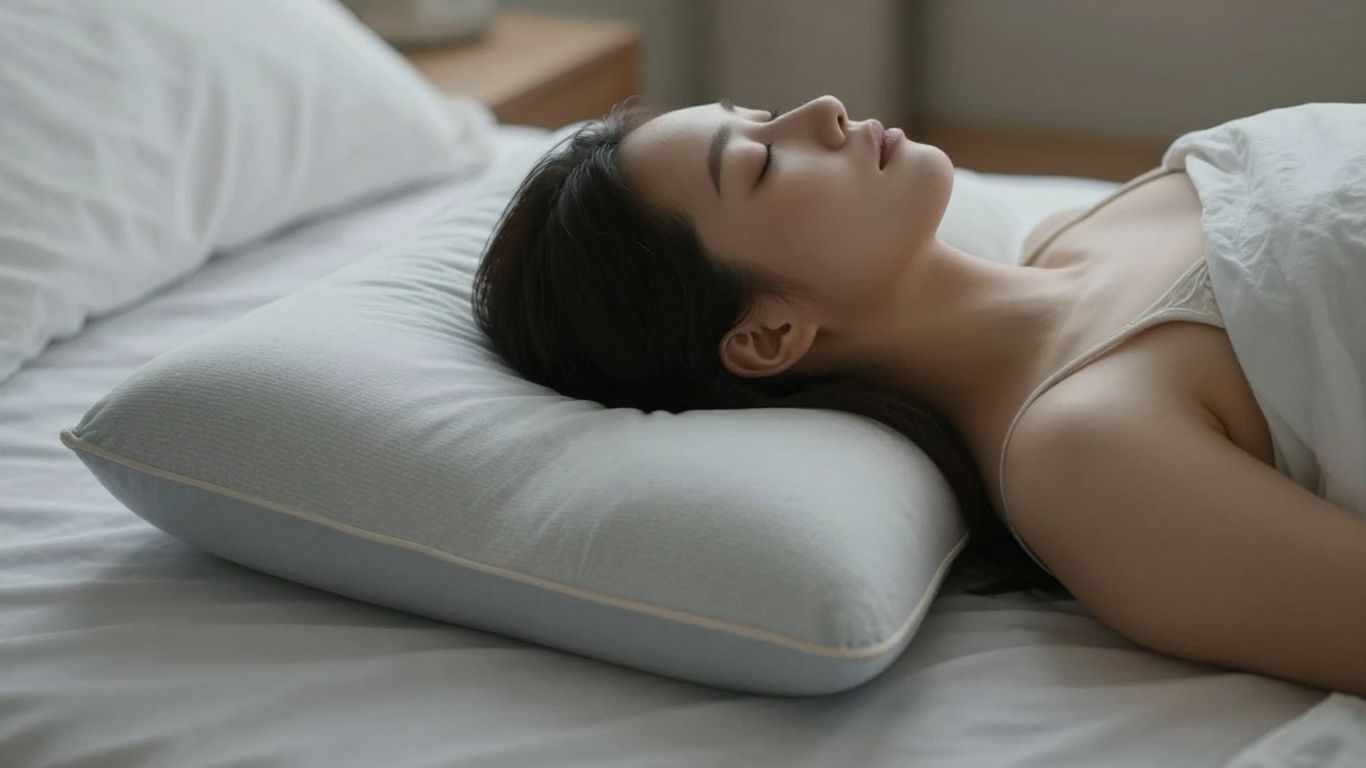 Cervical pillow supporting neck for pain relief.