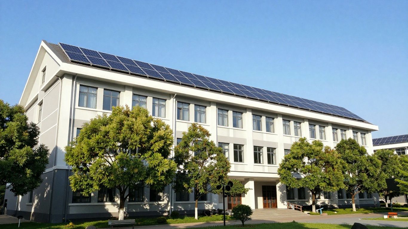 MIT campus building with solar panels and green landscaping.