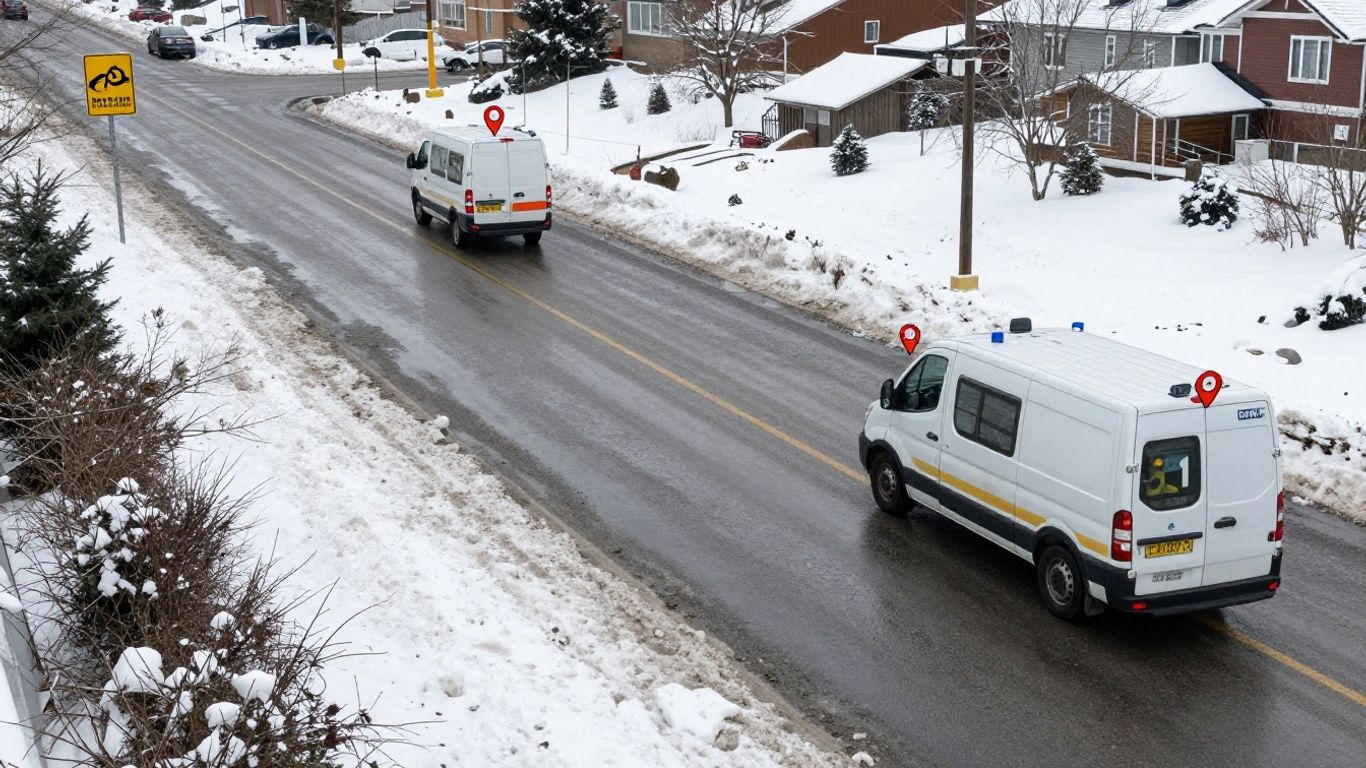 Contractor vehicles located on a map during thaw season.