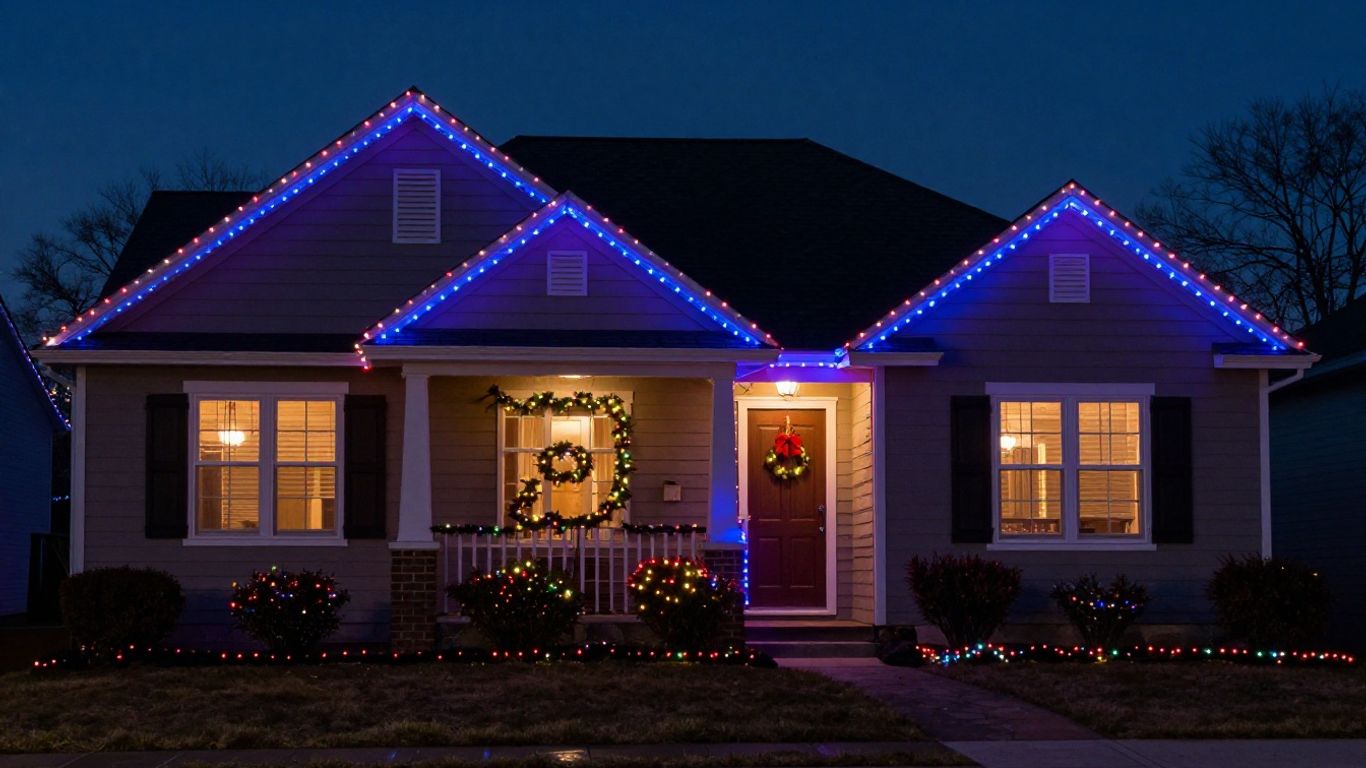 House with permanent Christmas lights glowing at dusk.