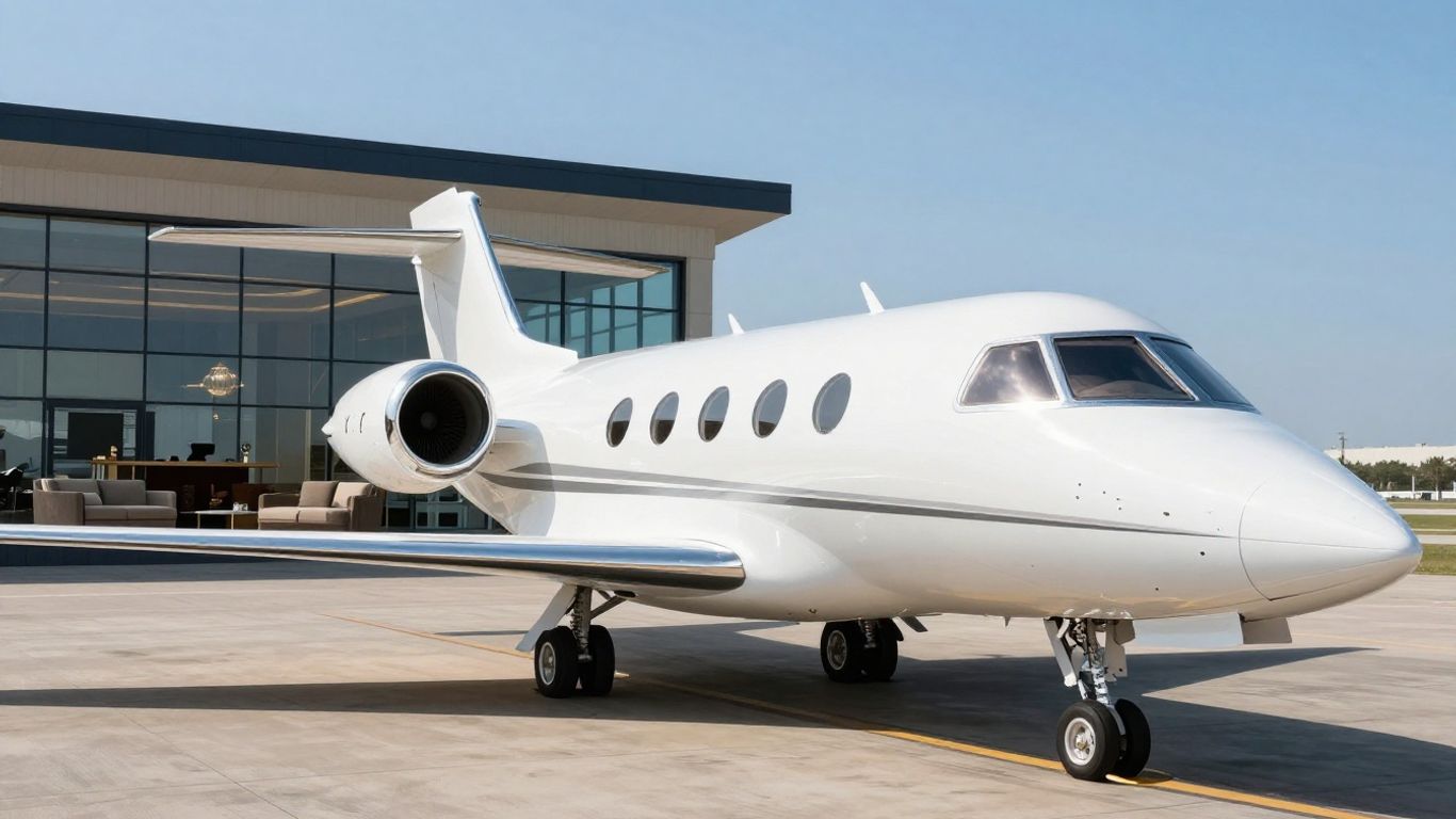 Private jet on tarmac with lounge visible.