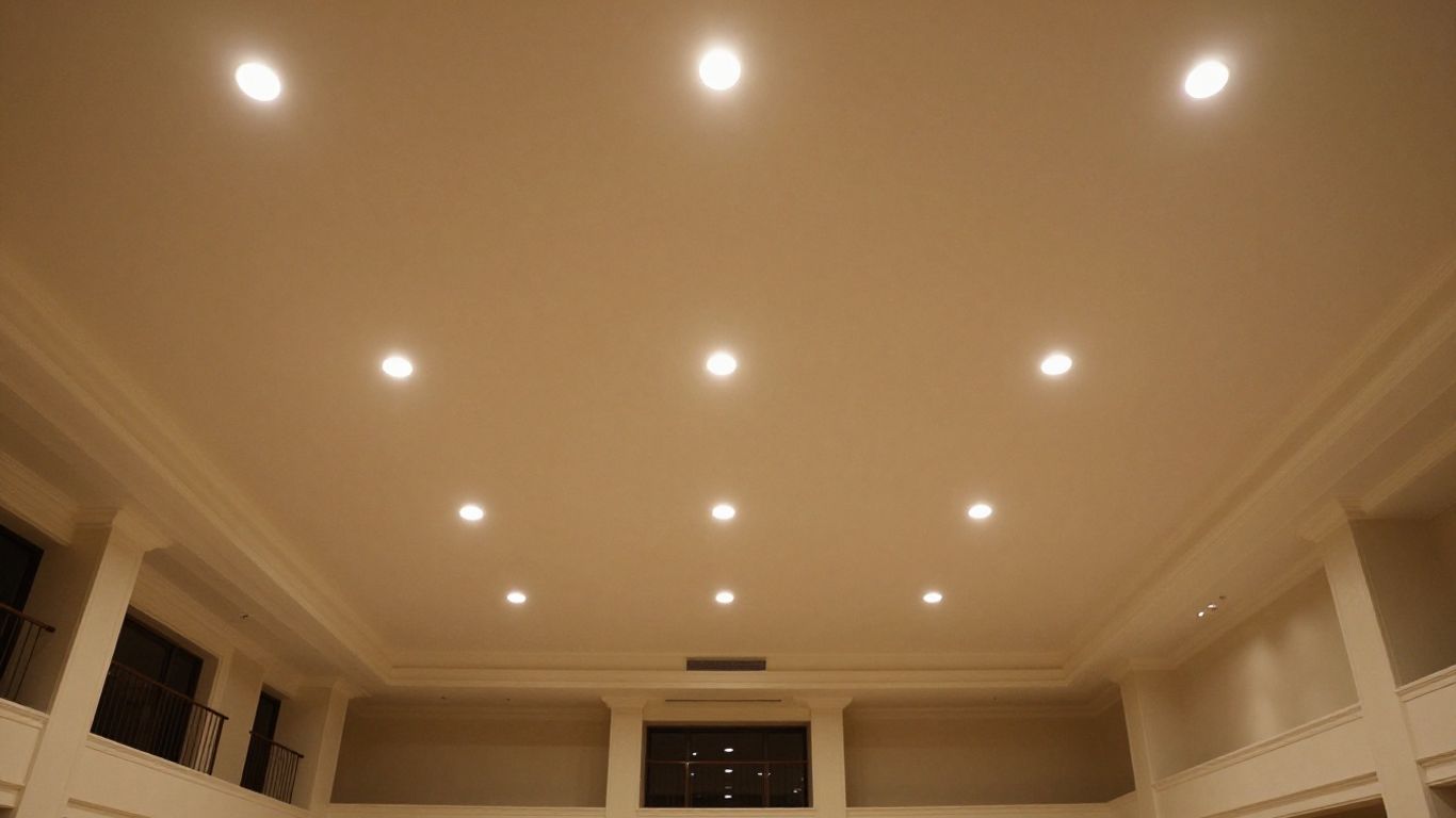 Recessed lights illuminating a vaulted ceiling in a living room.