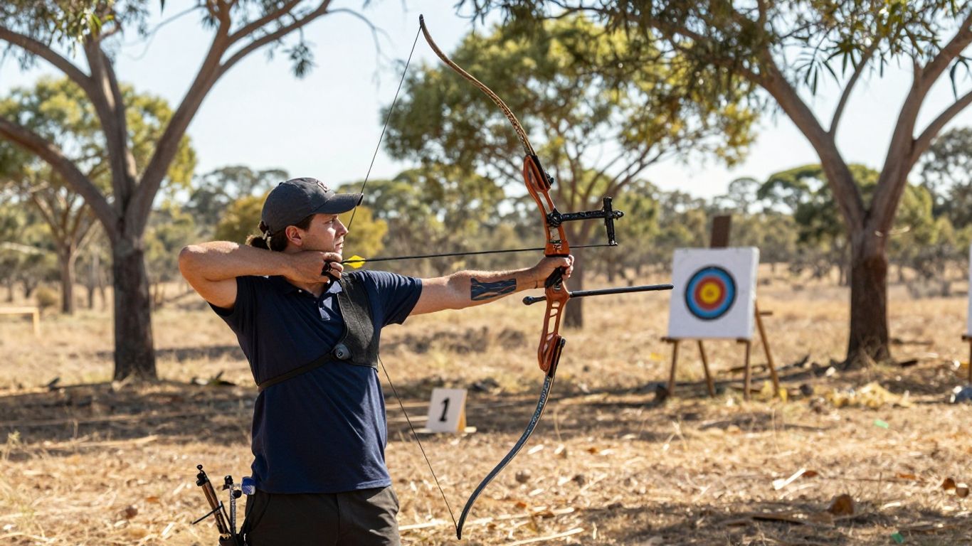 Archer aiming bow in Australian bushland