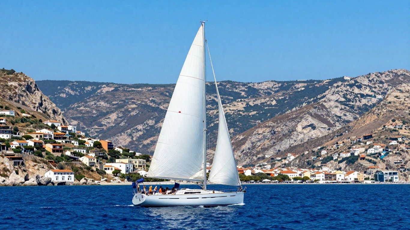 Sailboat on the Mediterranean Sea near coastal cliffs.