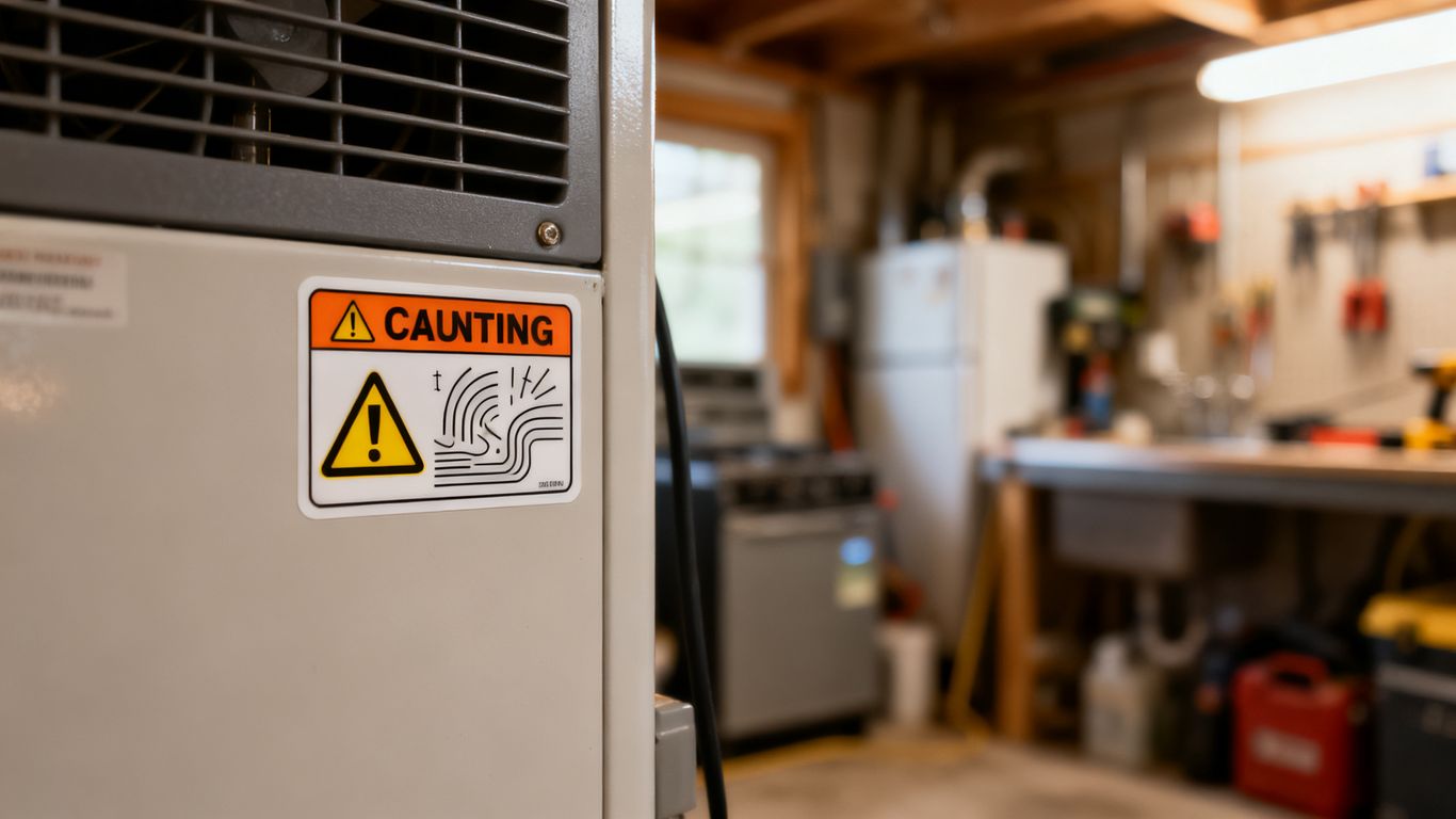 A warning sign near a dehumidifier reservoir