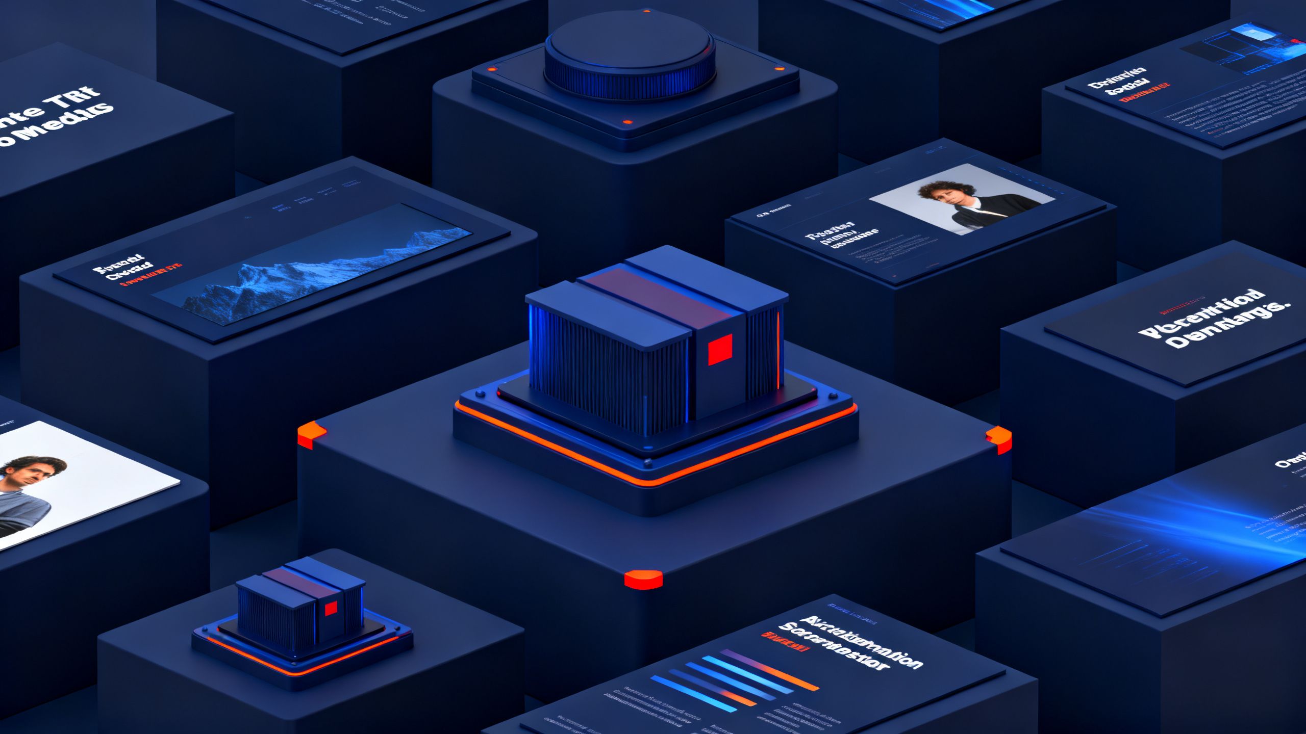 3D isometric illustration of advanced technology, clean and minimalist editorial style, deep navy blue and tech blue color palette with subtle orange-red accents, soft studio lighting, matte finish, premium tech media aesthetic, octane render