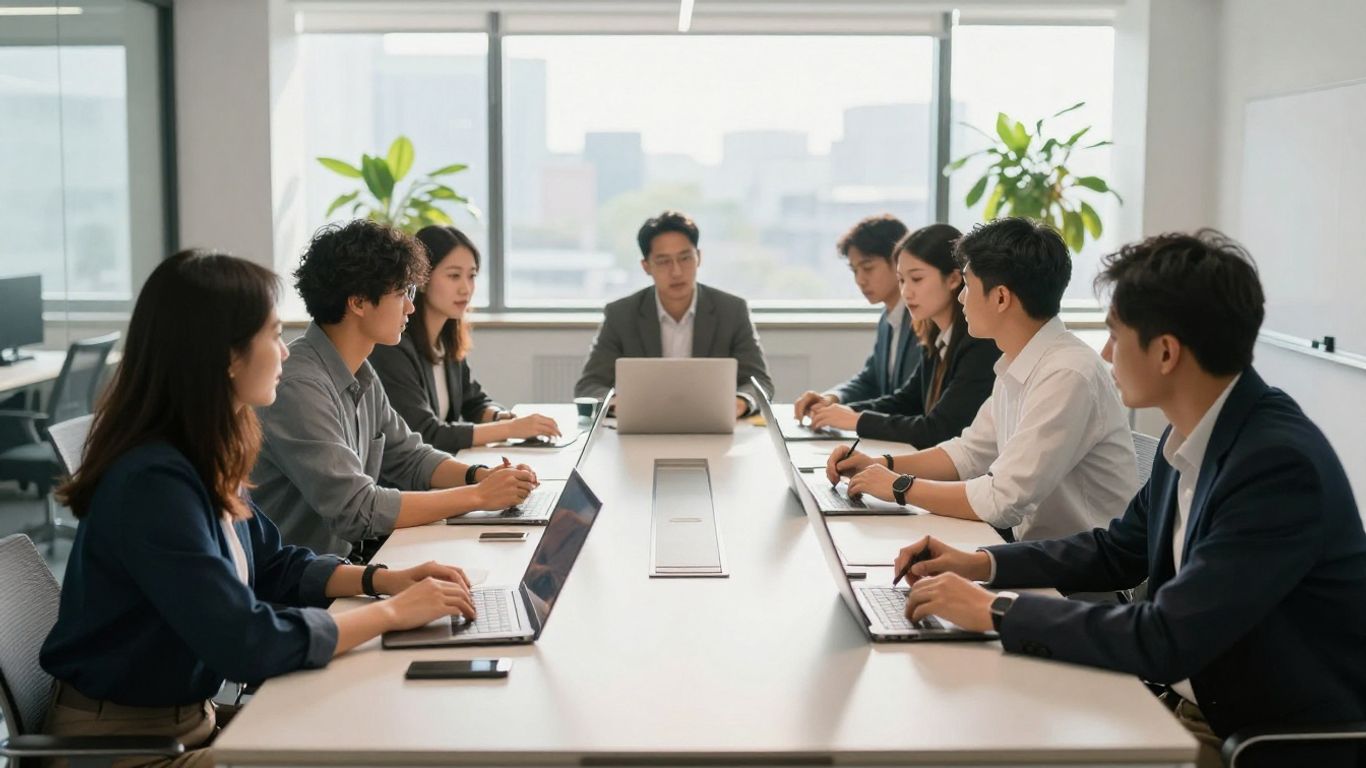 Team collaborating in a modern office with natural light.