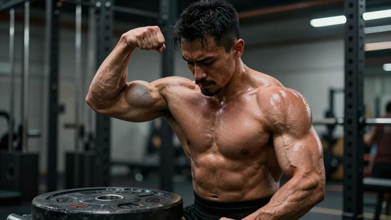 Powerlifter with intense focus, flexing biceps in gym.