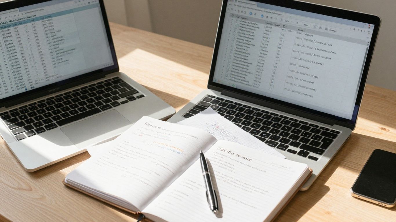 Organized desk with laptop, notebook, and pen for testing.