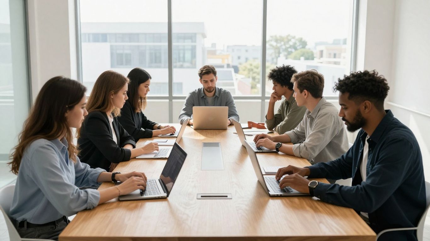 A diverse team working in an office