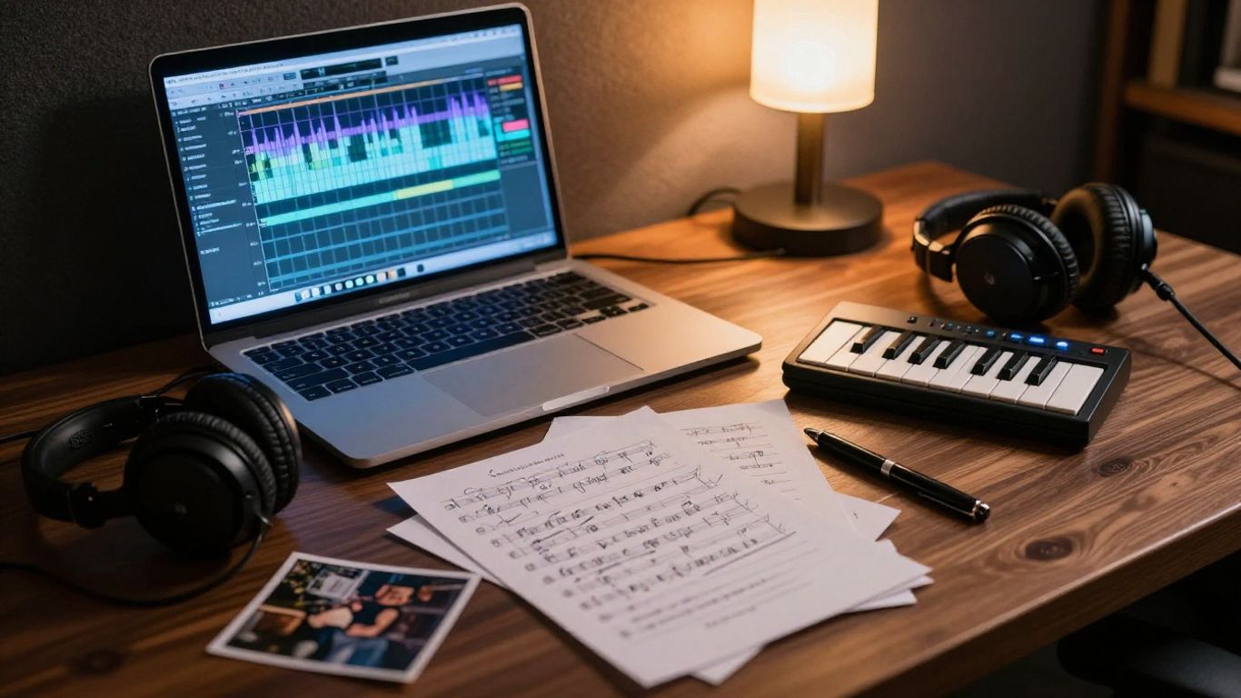 Studio desk with finished song and visual references