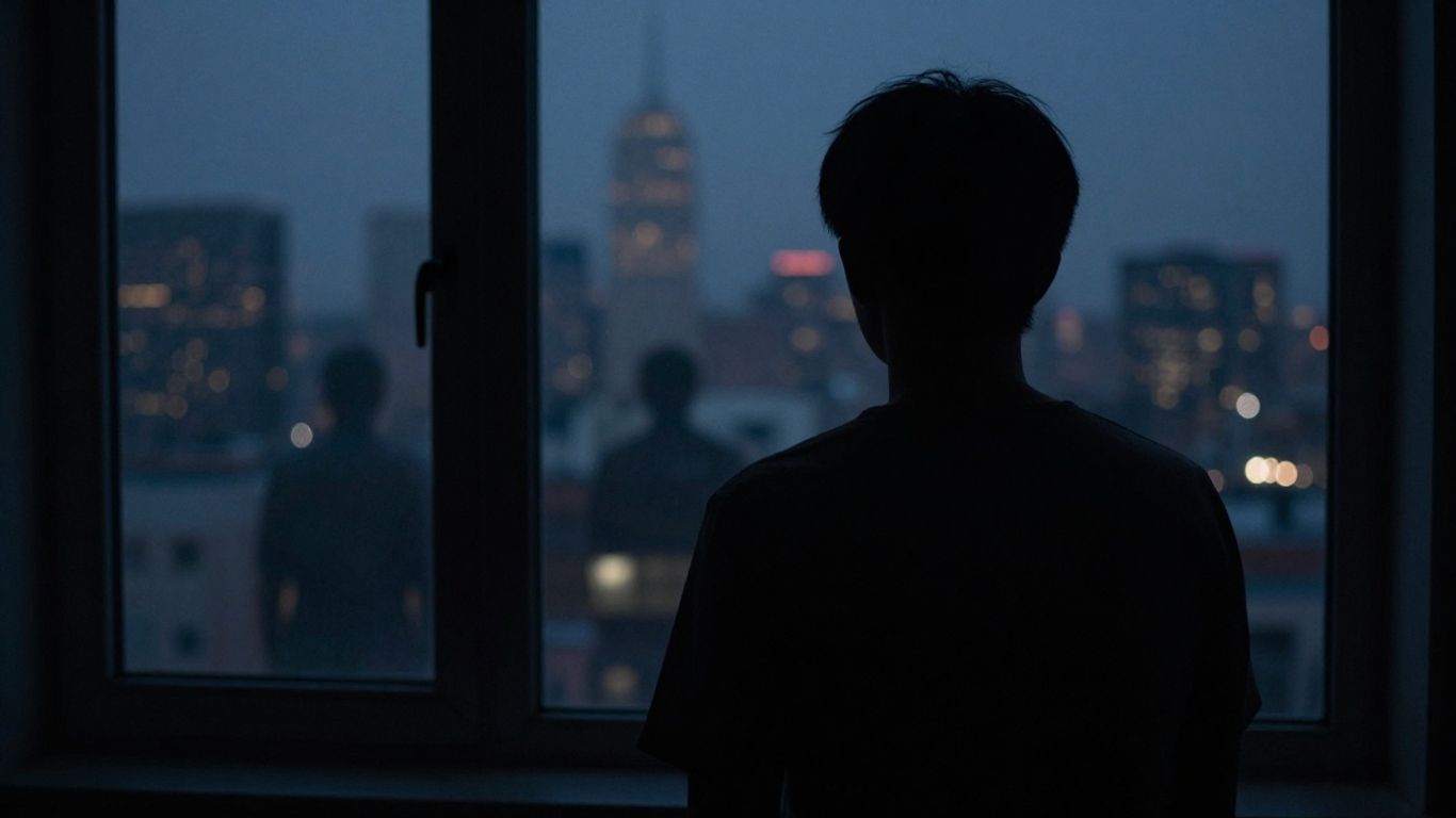 Person under surveillance looking out a dark city window.