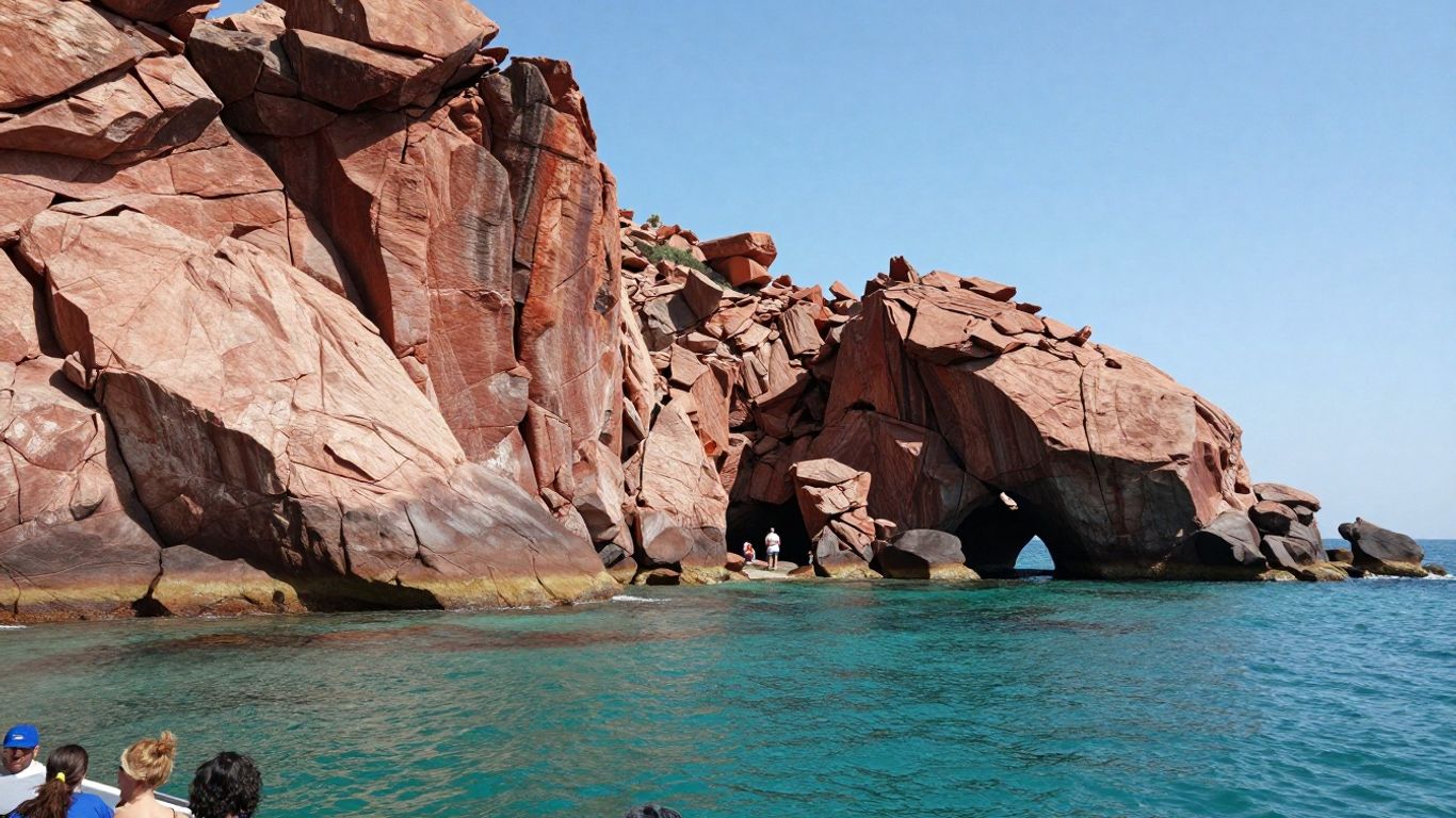 Red cliffs rising above Corsican turquoise waters