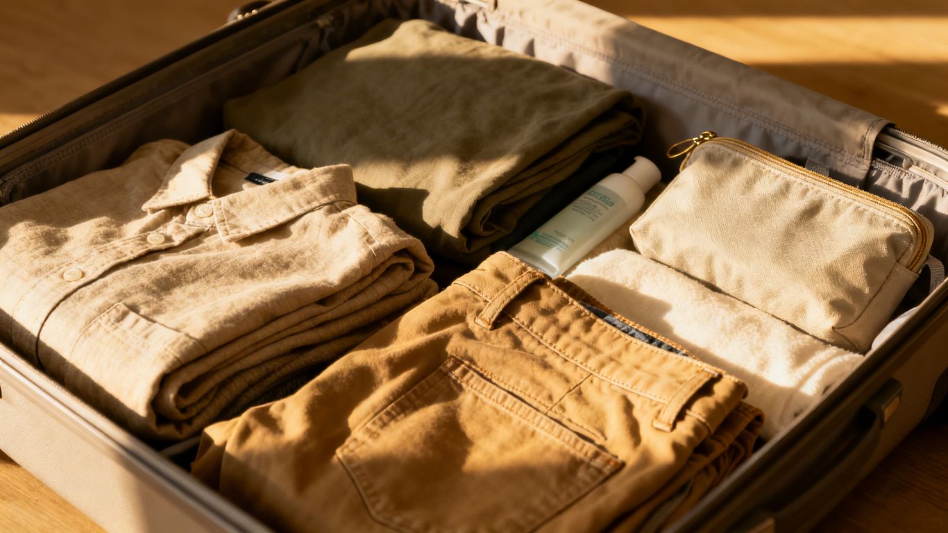 Neatly packed carry-on bag with essential clothing items.