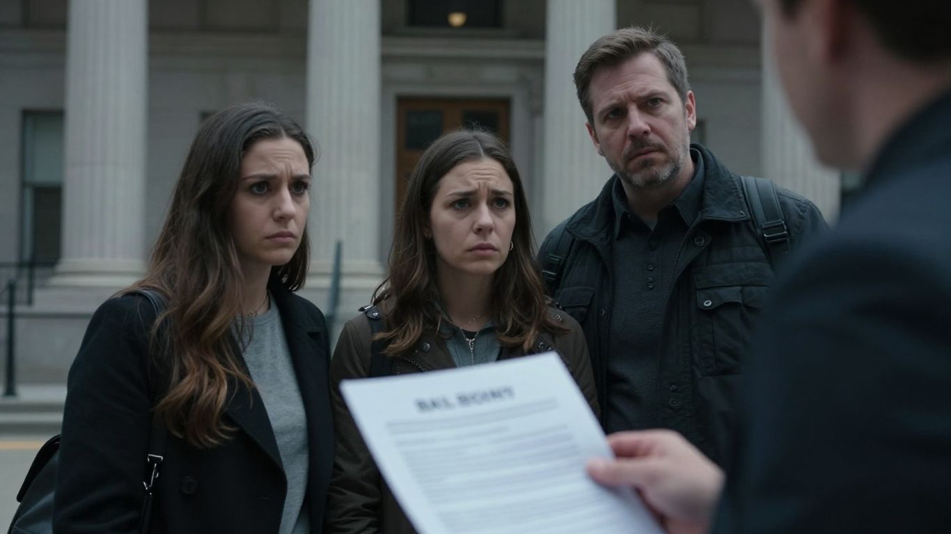 Family worried outside courthouse, holding bail bond.