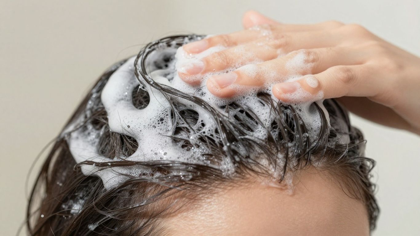 Application de shampoing minéral apaisant sur le cuir chevelu.