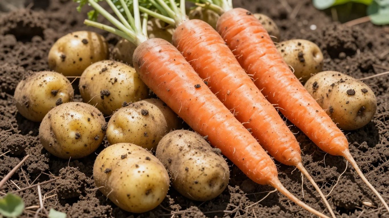 Biologische aardappelen en wortels, vers van het land.