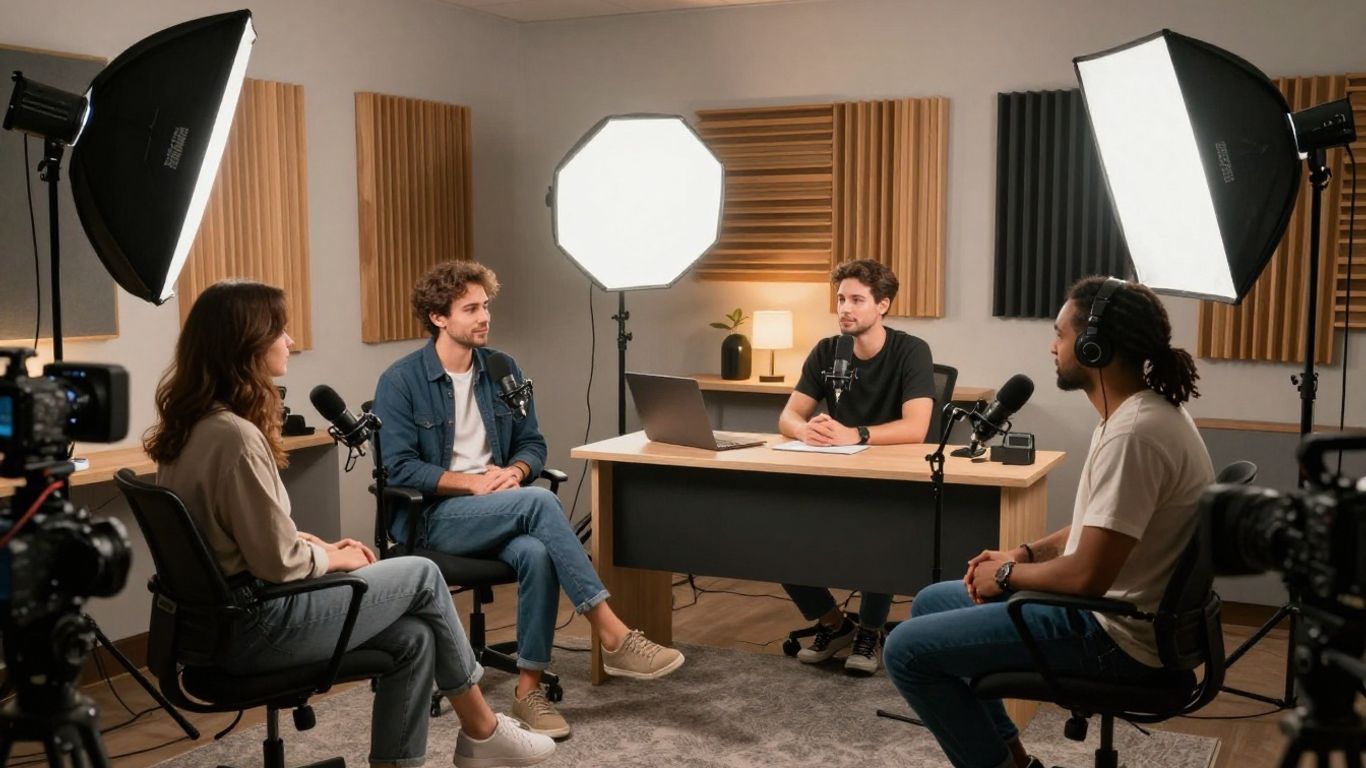 Two-person video podcast set with cameras and microphones