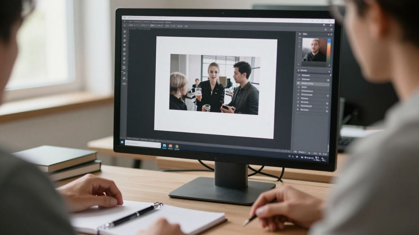 A person examining image details on screen