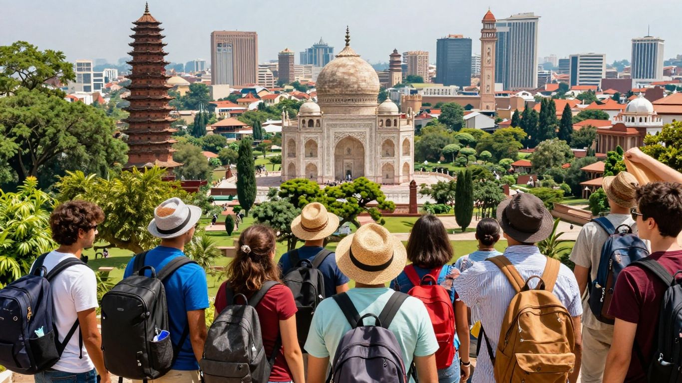 Travelers exploring global landmarks and landscapes.