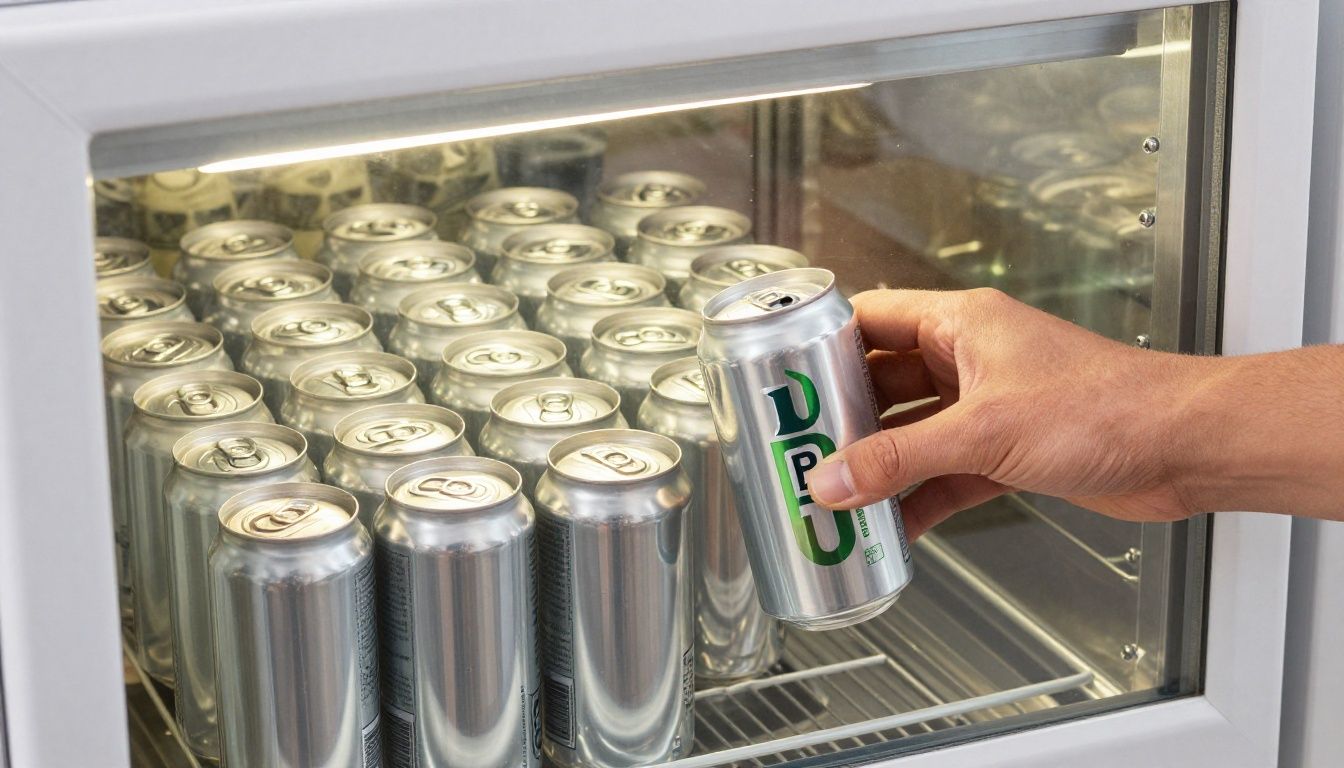 A U-Beverage Tray in a commercial glass-front cooler, showing cans being loaded from the back and a hand grabbing the front-most can.