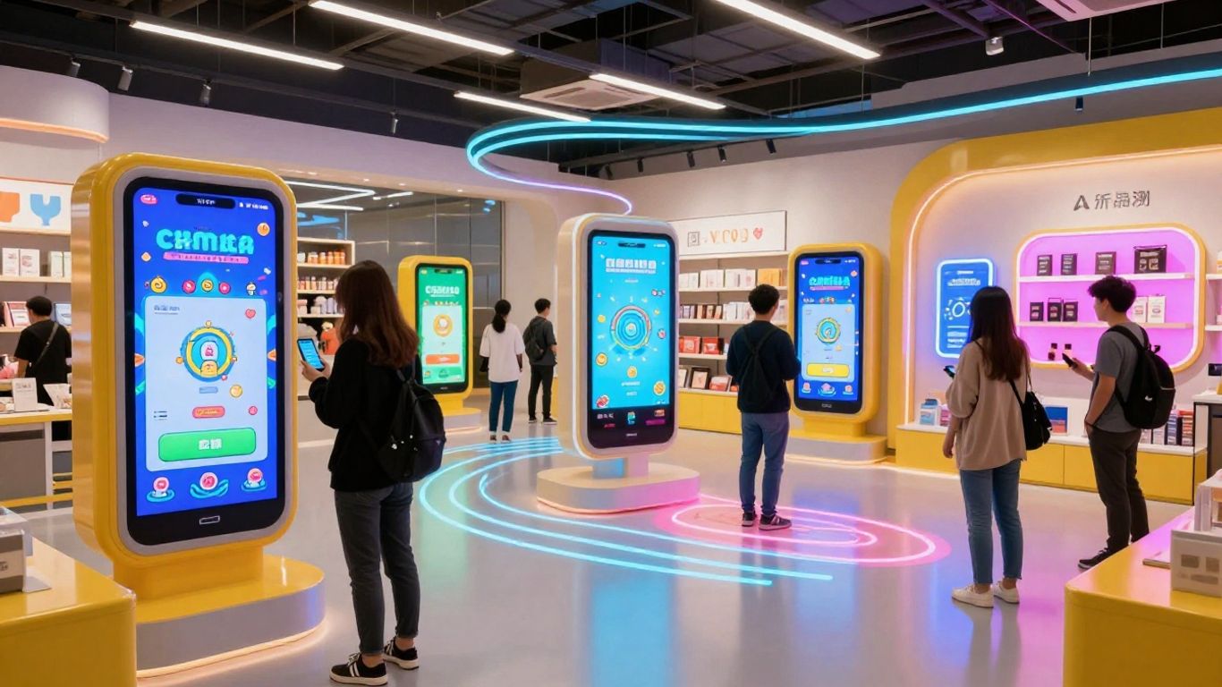 Gamified retail store with interactive screens and happy shoppers.