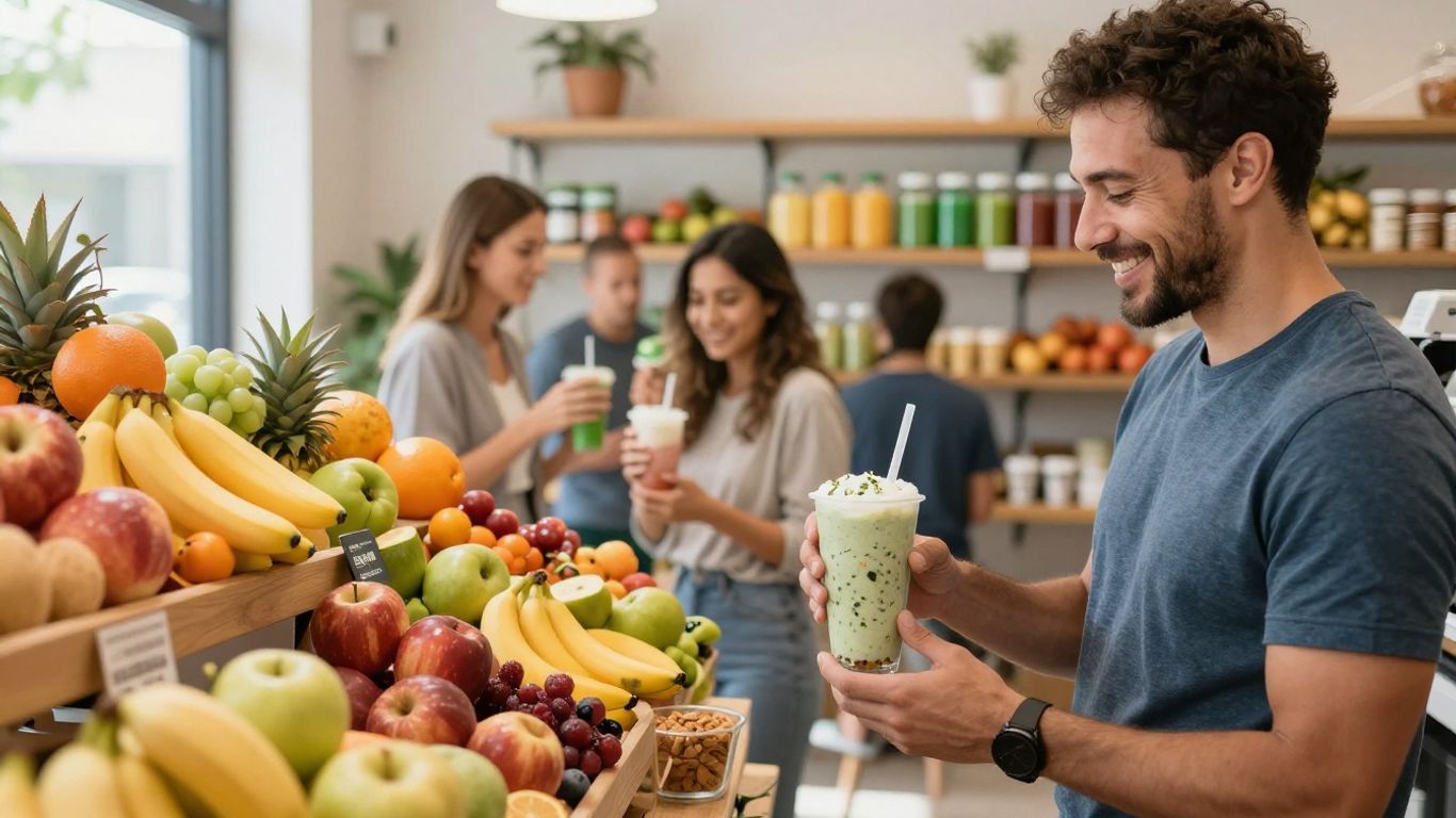 Herbalife Nutrition club with healthy shakes and people.