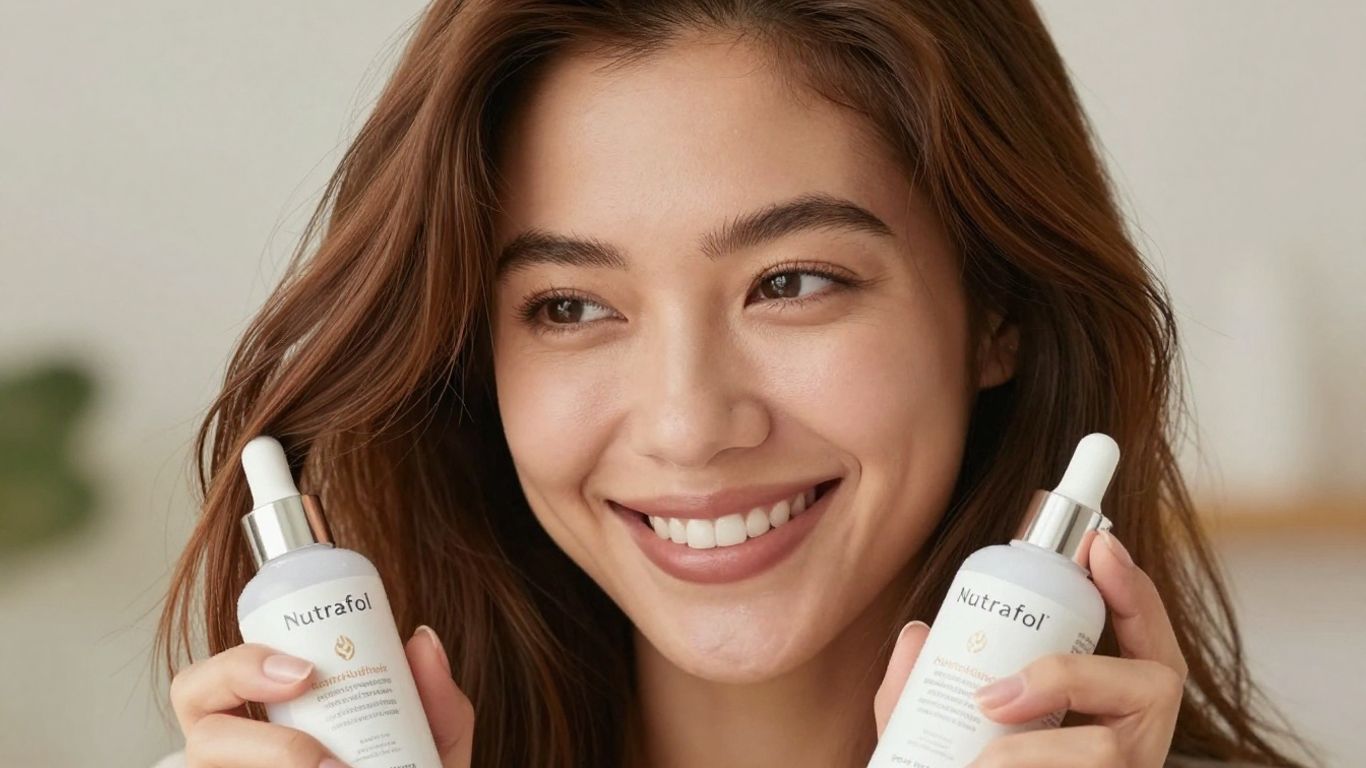 Woman with healthy hair holding Nutrafol bottle.
