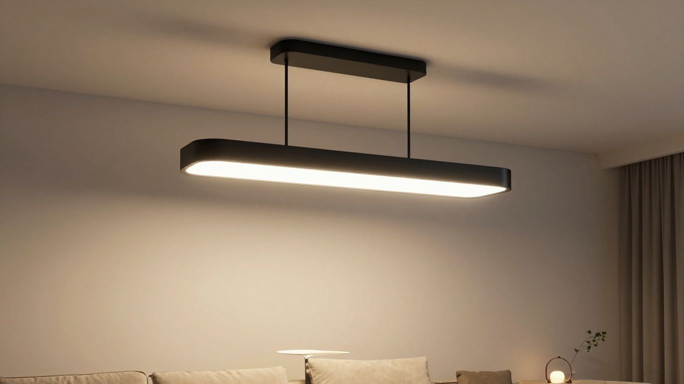 Black ceiling light fixture in a modern living room.