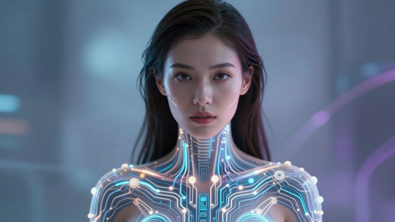 Hyper-realistic woman with glowing circuits, futuristic AI concept.