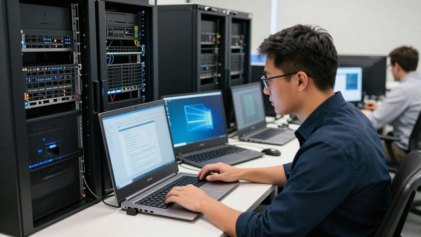 IT specialist assessing secure business devices