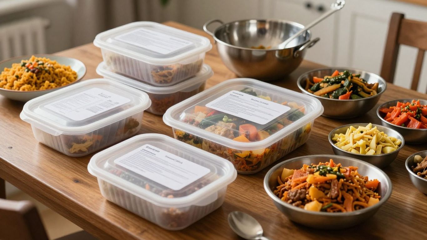 A frozen Indian meal box beside serving dishes