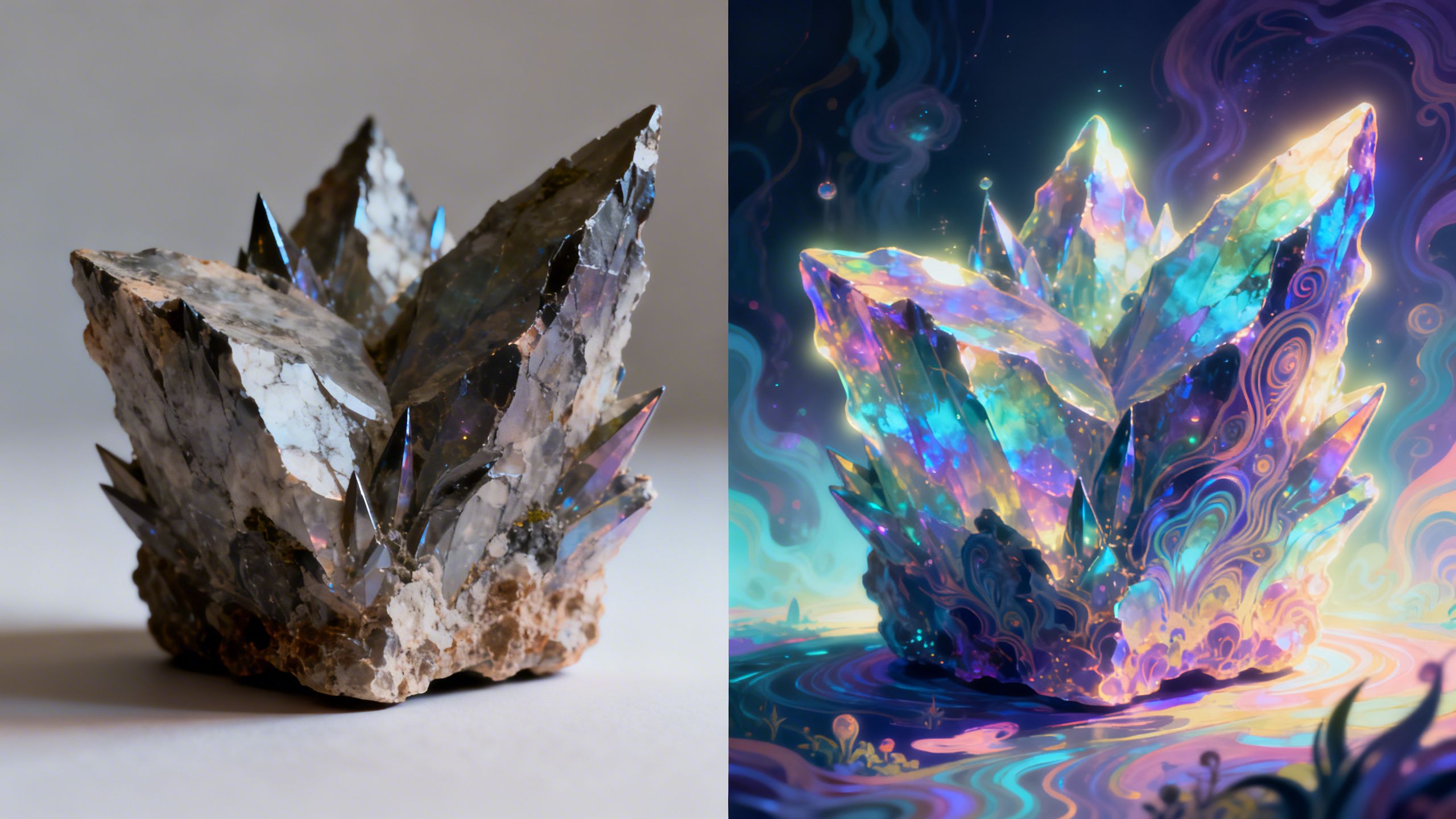 A split-screen image showing a real product on one side and a fantastical, AI-hallucinated version on the other.