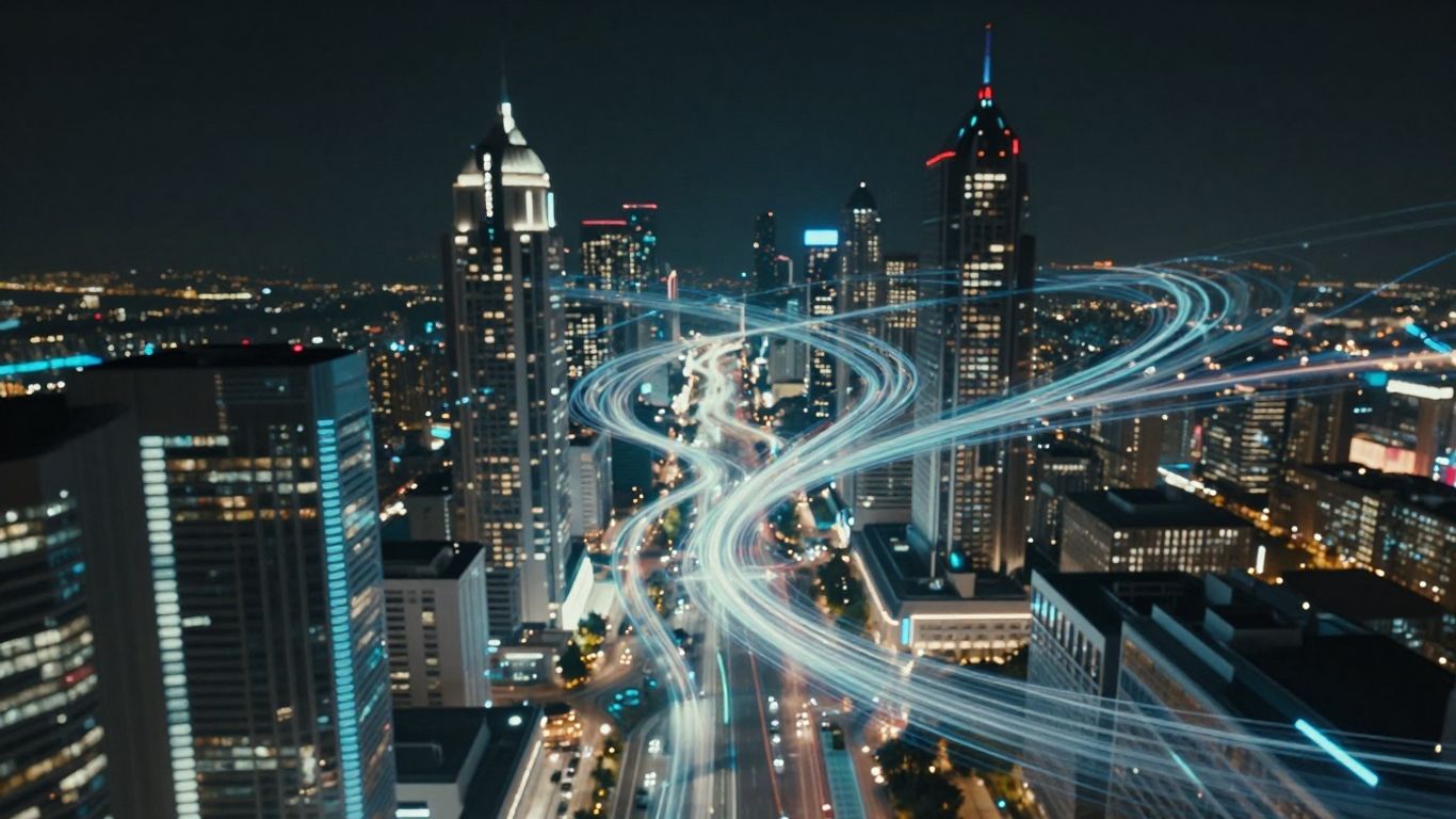 Accenture innovation challenge. Futuristic cityscape with glowing digital pathways and light trails.