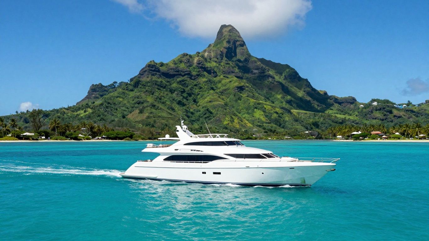 Luxury yacht sailing in Tahiti's turquoise waters.