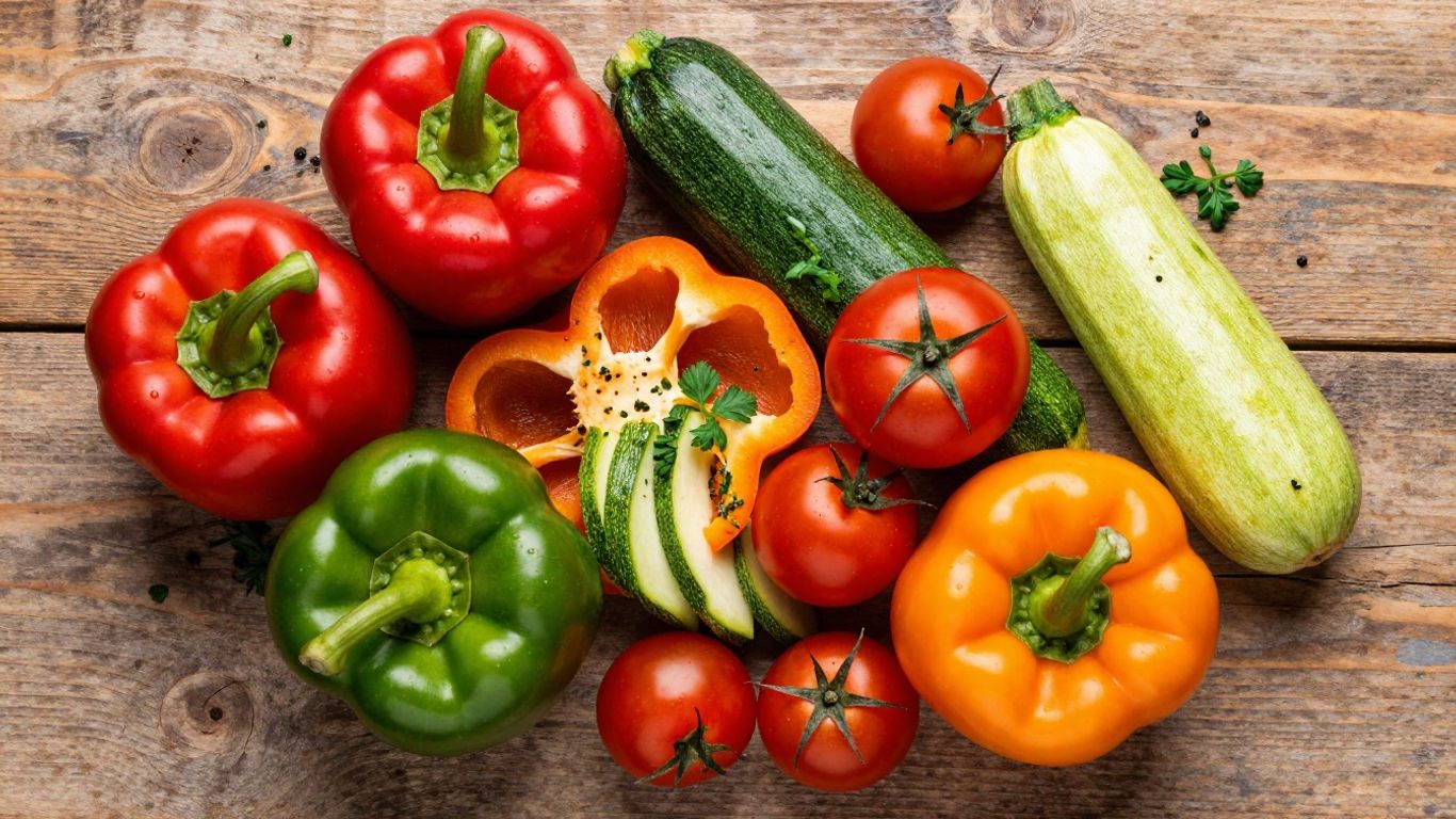 Colorful vegetarian meal with fresh vegetables on a table.